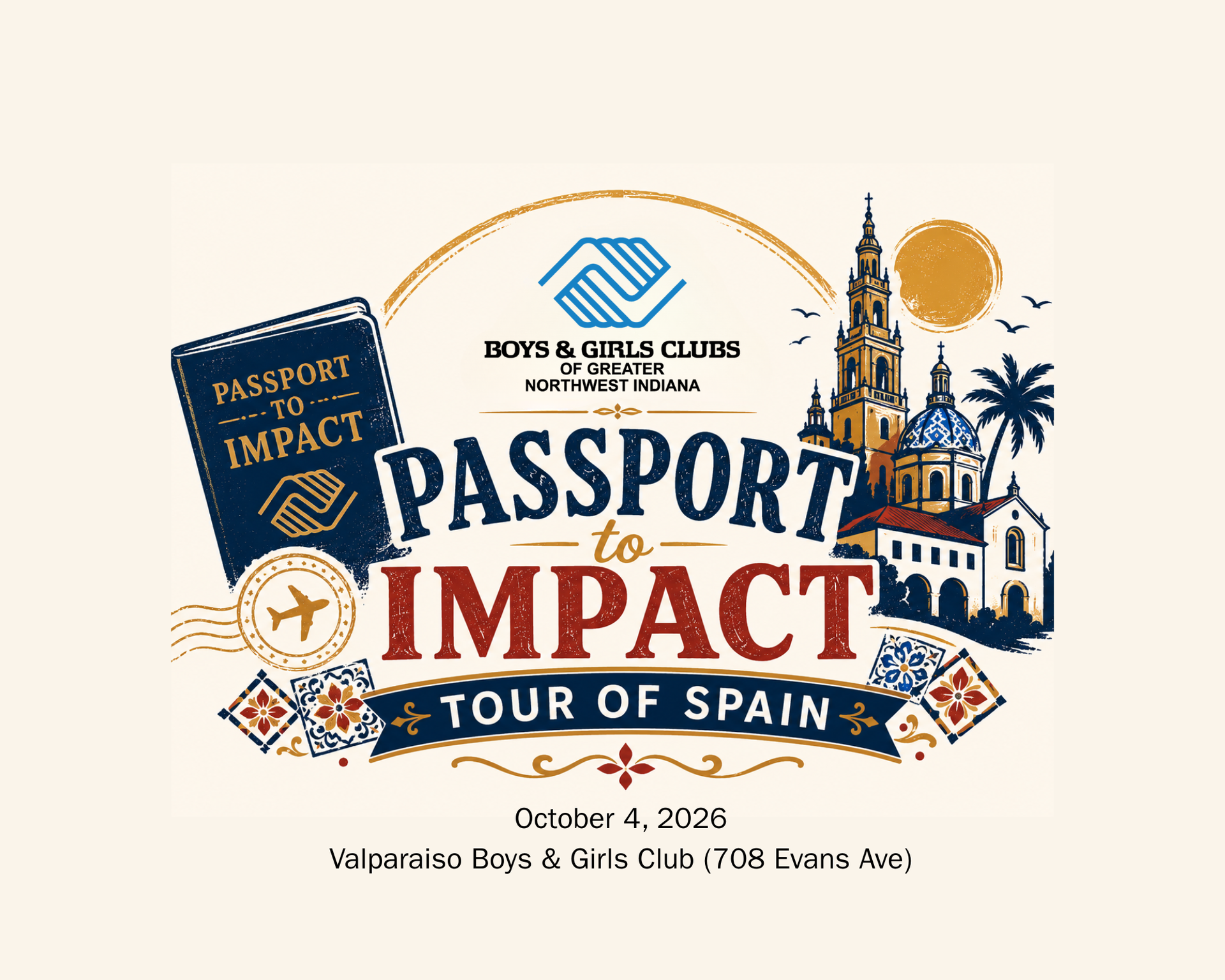 Passport to Impact tour of Spain poster with blue and orange travel icons and Madrid skyline