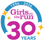 Girls on the Run 30 years anniversary logo in pink, blue, and gold with stars.