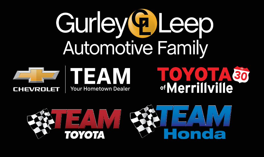 Gurley Leep Automotive Family dealer logos: Chevrolet, Team Toyota, Toyota of Merrillville, and Team Honda.