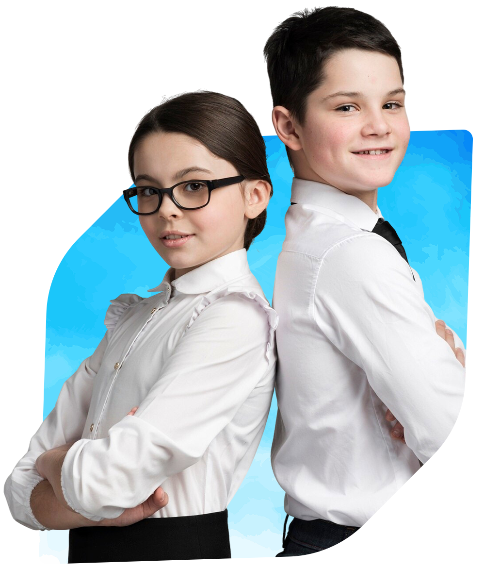 Two children in white shirts and glasses pose back-to-back on a blue background.