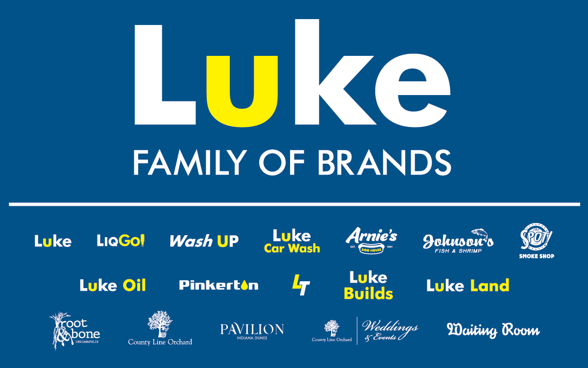 Blue Luke brand family graphic with multiple company logos in white and yellow text
