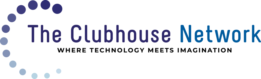 The Clubhouse Network logo with blue text and dotted circular design on white background