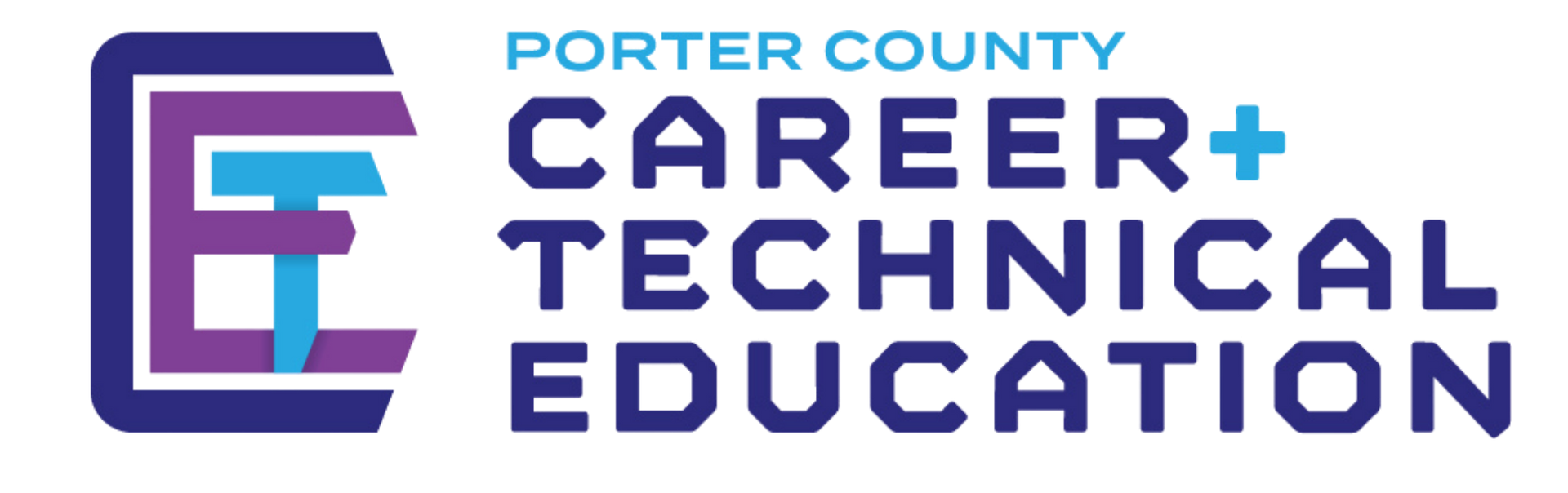 Porter County Career and Technical Education logo in purple and blue with stylized C and E