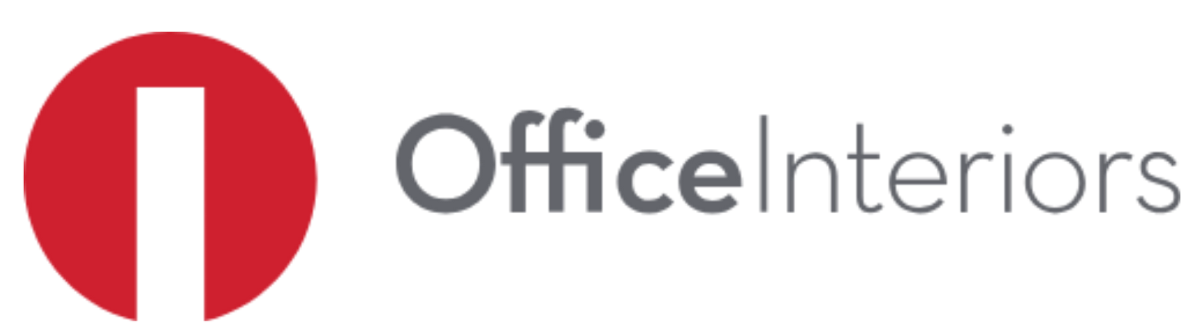 Office Interiors logo with a red circular icon and gray text on white background