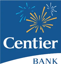 Centier Bank logo with white text and blue background, featuring gold and blue fireworks