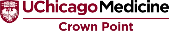 UChicago Medicine Crown Point logo in maroon and white with shield emblem