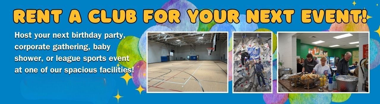 Blue banner advertising club rentals with text and three photos of indoor event spaces and people posing.