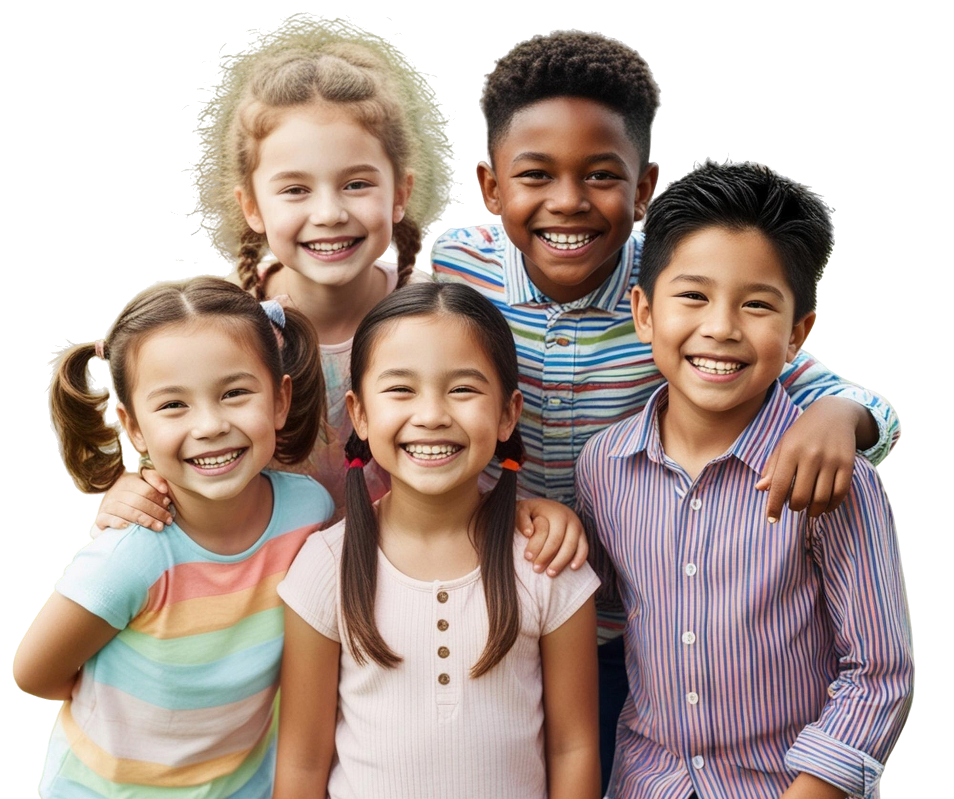 Five smiling children posing together against a white background