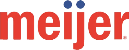 Meijer logo in red lowercase letters with two blue dots above the “i”