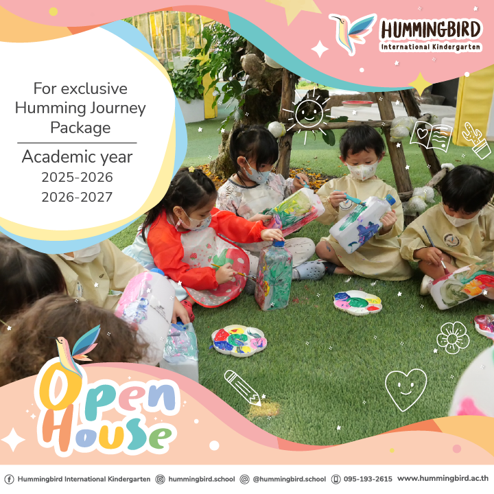 Children painting outdoors at an Open House event for Hummingbird International Kindergarten.
