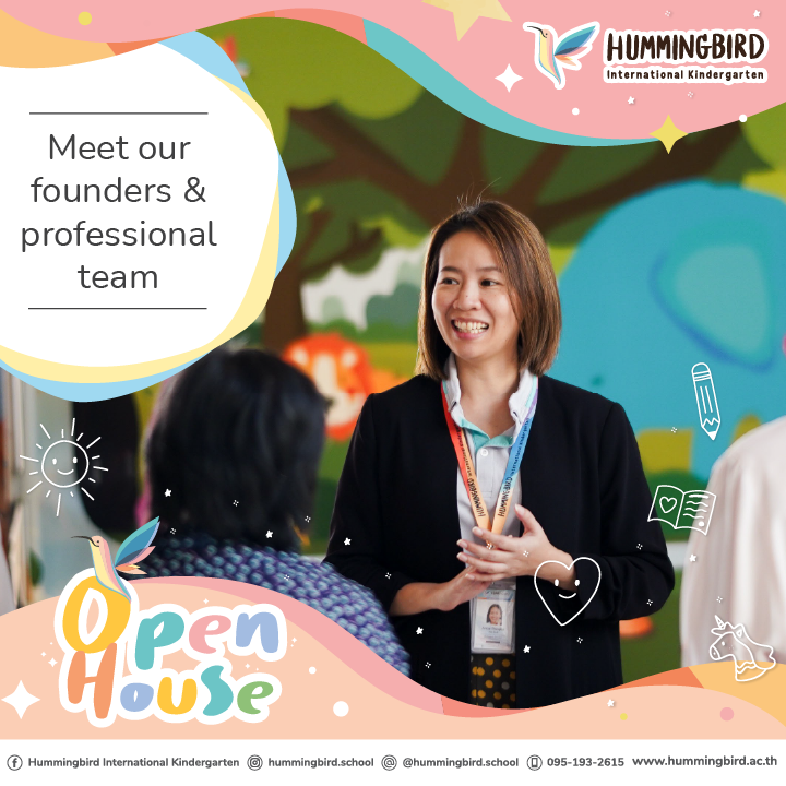 Open House ad: Woman smiling, holding pens, in school. Text reads