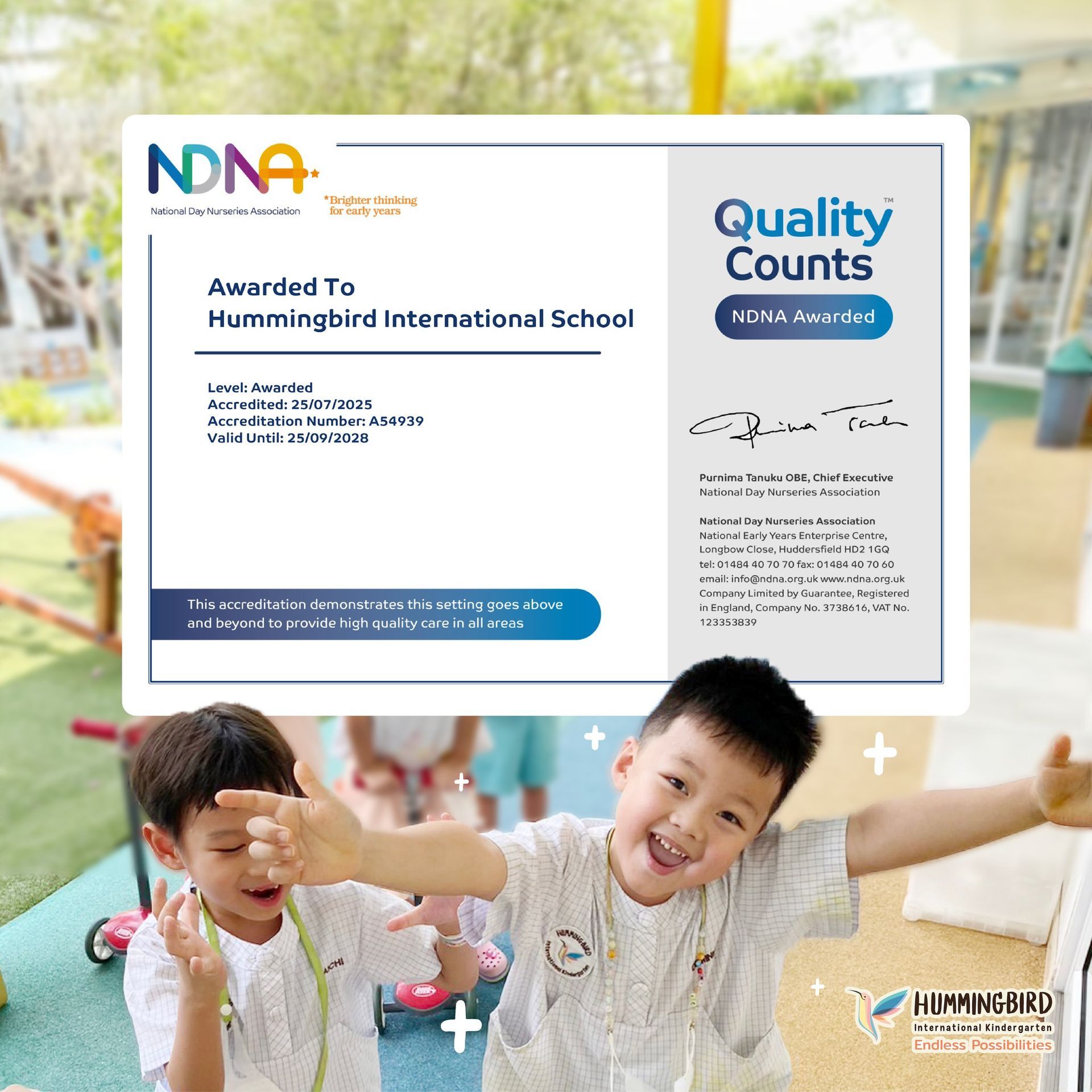 Award certificate for Hummingbird International School with a “Quality Counts” badge over smiling children.