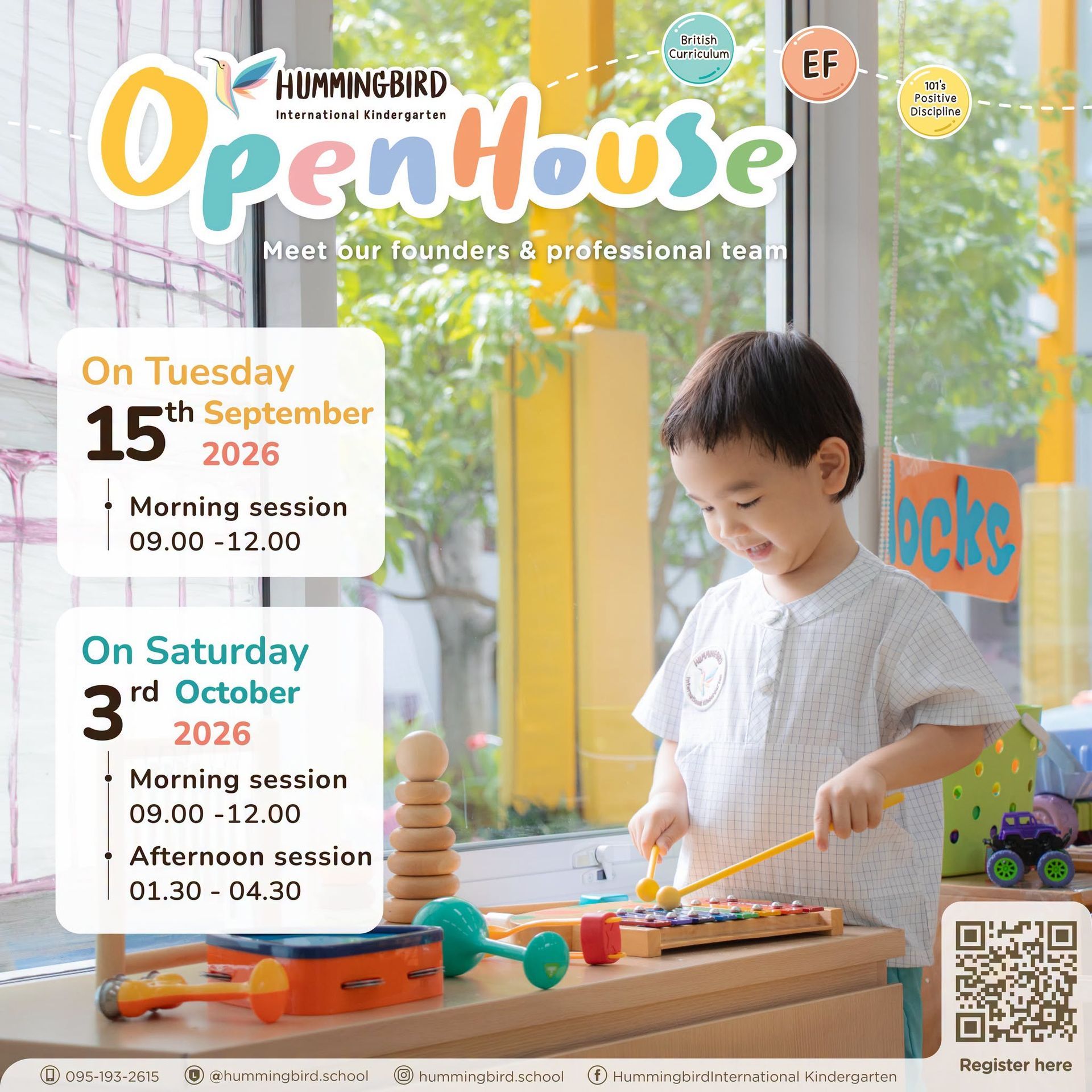 Hummingbird Preschool Open House flyer with a teacher and two children at a table, including a QR code for registration.
