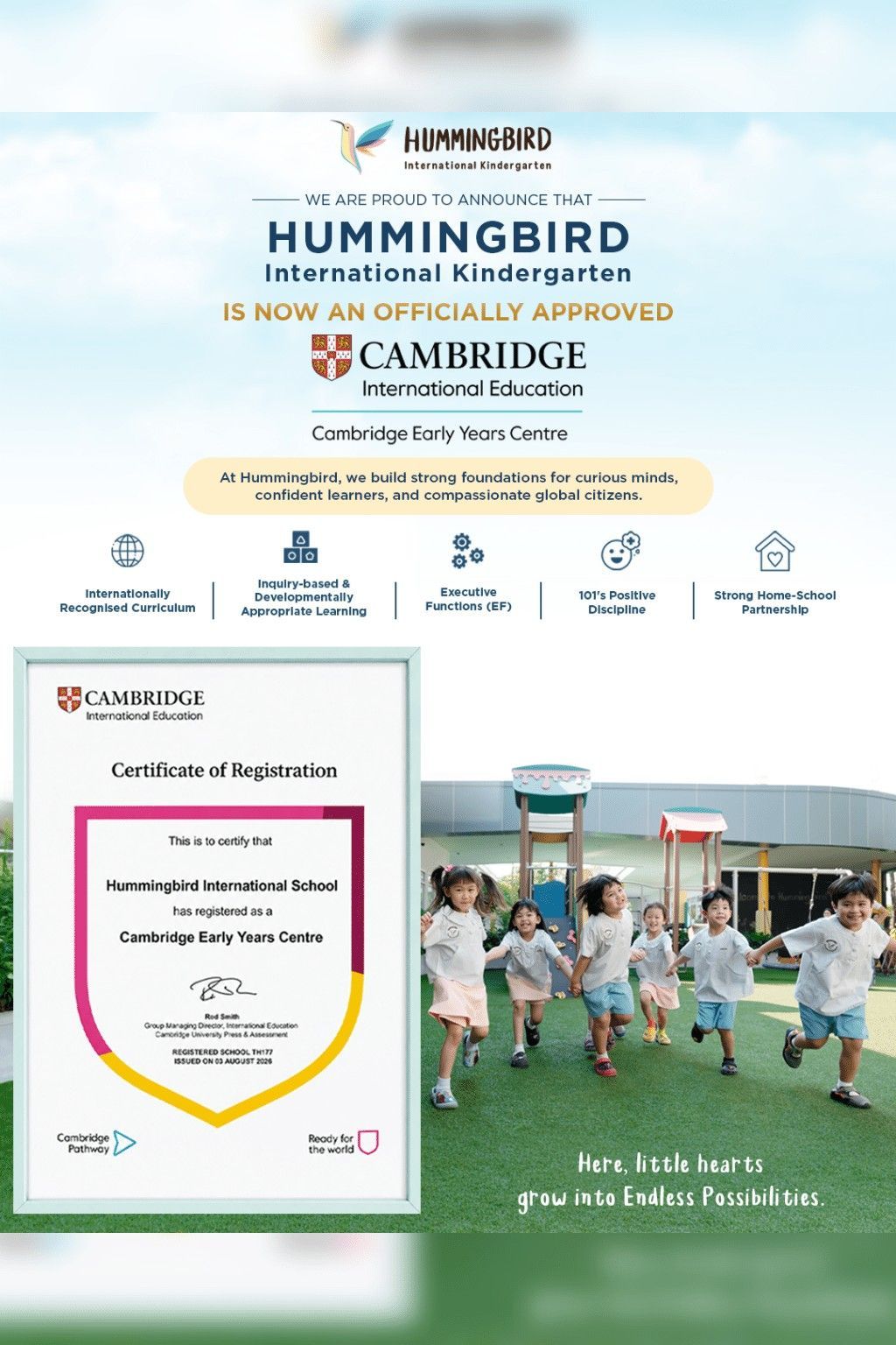 Open House flyer: Hummingbird Kindergarten, 24 January 2026. 50% off enrollment. Children playing.