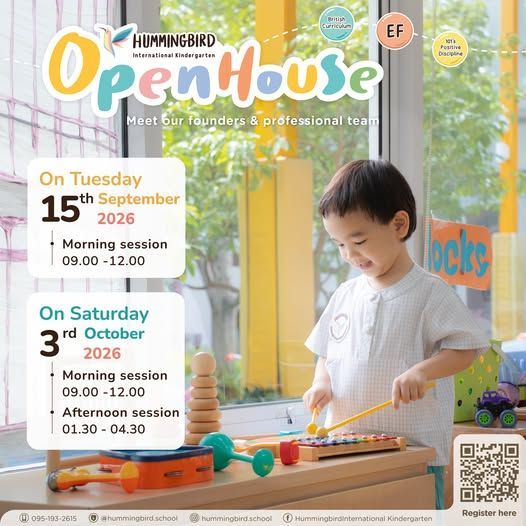 Open House flyer with child playing at a wooden table in a bright classroom, dates and event times listed.