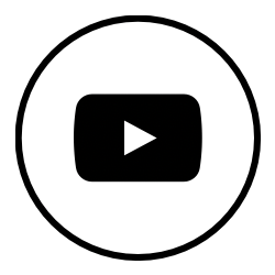 A black and white youtube icon in a circle on a white background.