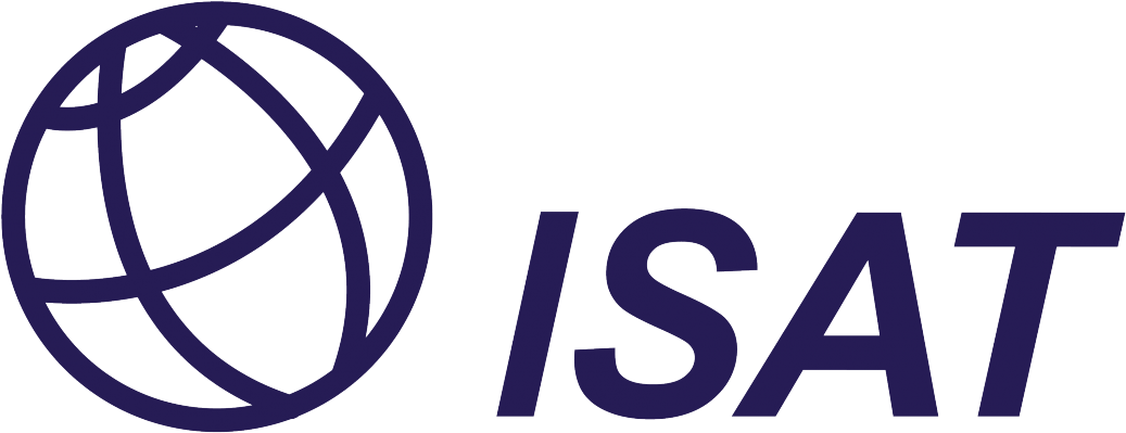 A logo for isat with a globe in the middle