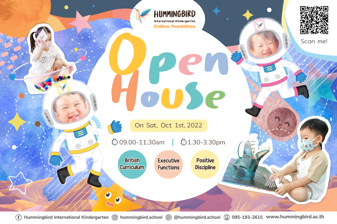 A poster for an open house with a baby in an astronaut costume.
