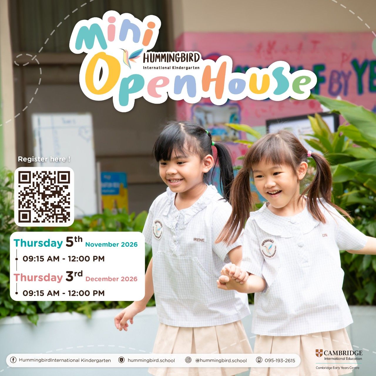 Hummingbird Preschool Open House flyer with a teacher and two children at a table, including a QR code for registration.
