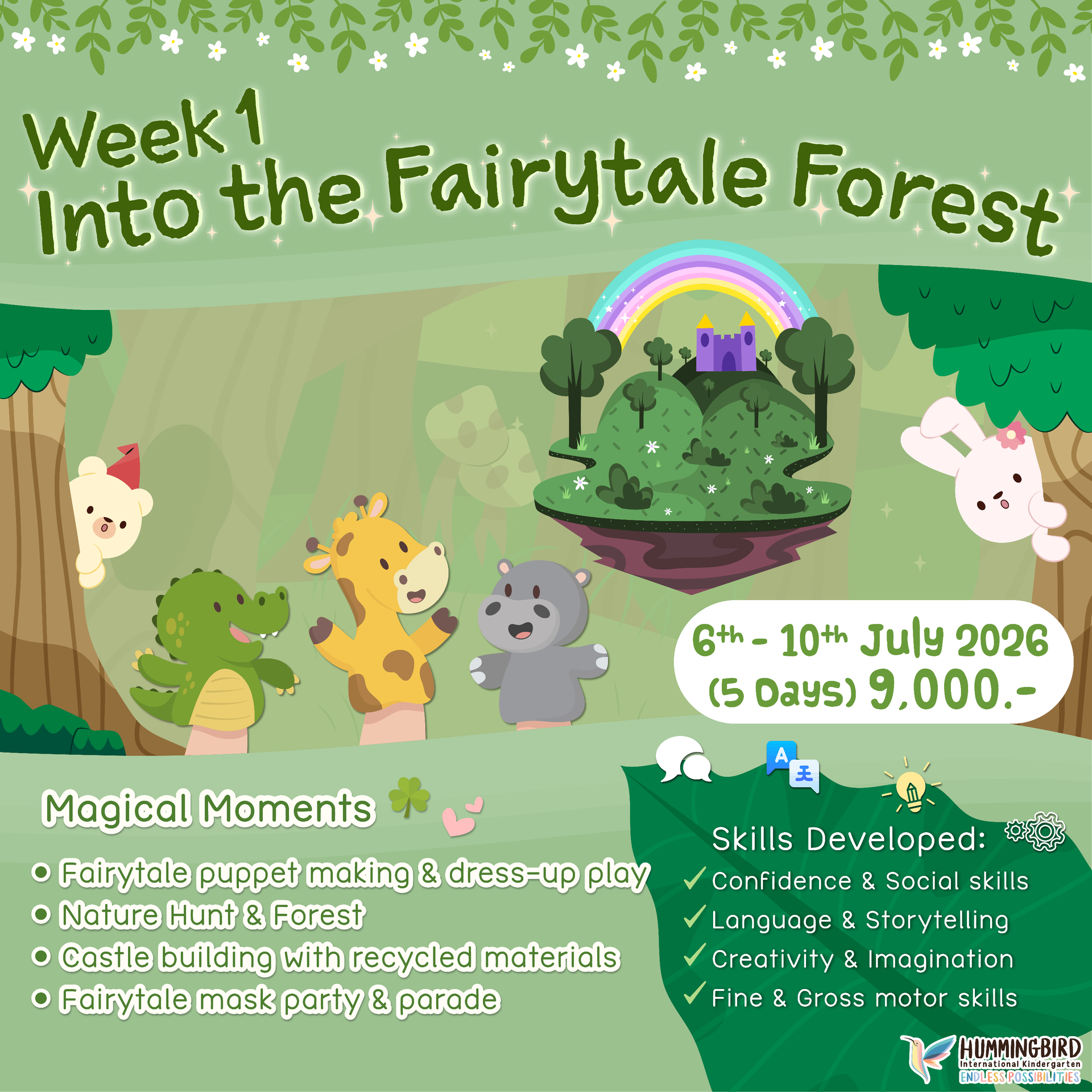 Fairytale forest camp poster with cute animals, rainbow, and dates June 6–10, 2026