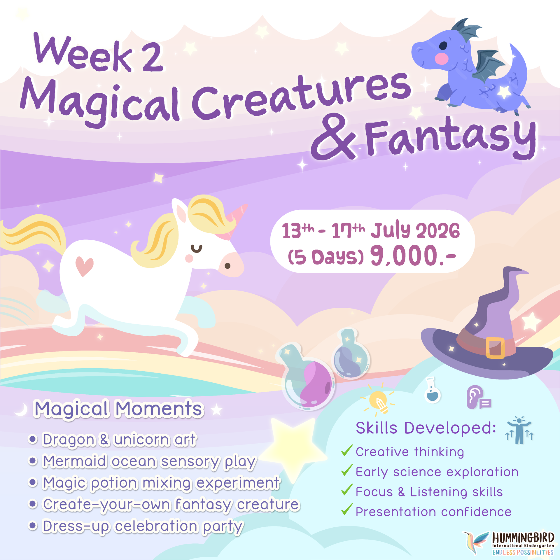 Pastel “Week 2 Magical Creatures & Fantasy” poster with unicorn, dragon, witch hat, dates, and activity list