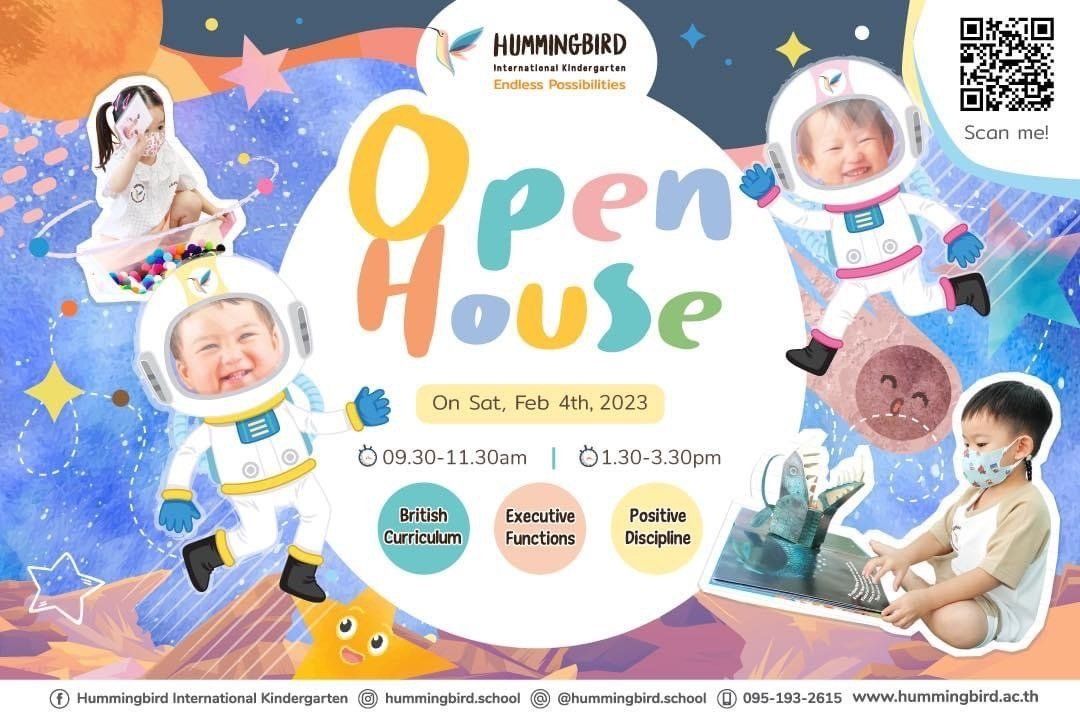 A poster for an open house with a baby in an astronaut costume.