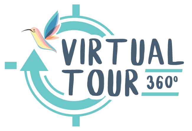 A logo for a virtual tour 360 degrees with a hummingbird and an arrow.