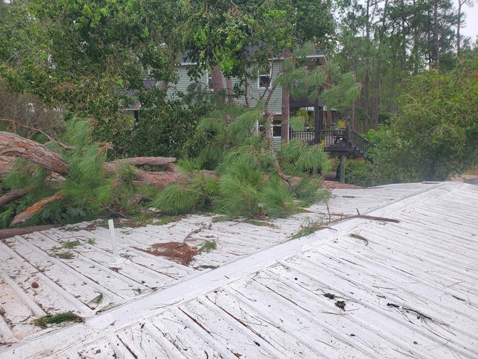 Fallen tree branches on a white, corrugated metal roof near a house and trees in a storm.