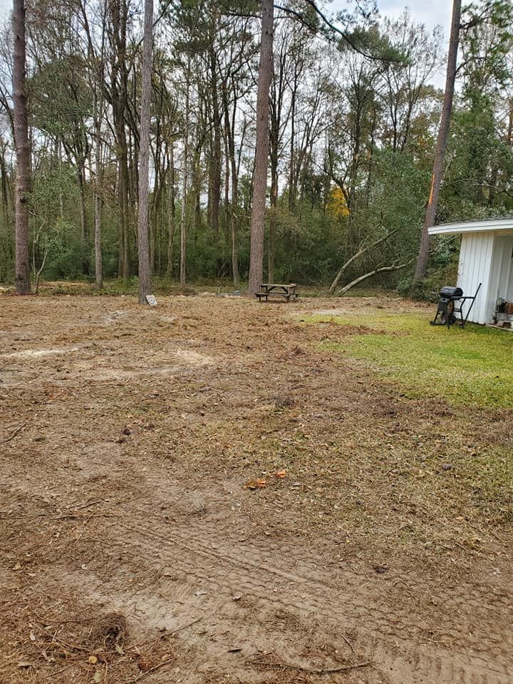 Open area cleared of trees with a picnic table, next to a white building and trees.