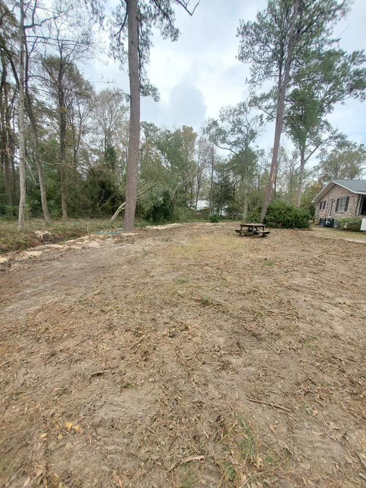 Cleared outdoor area with picnic table, trees, and house in the background.