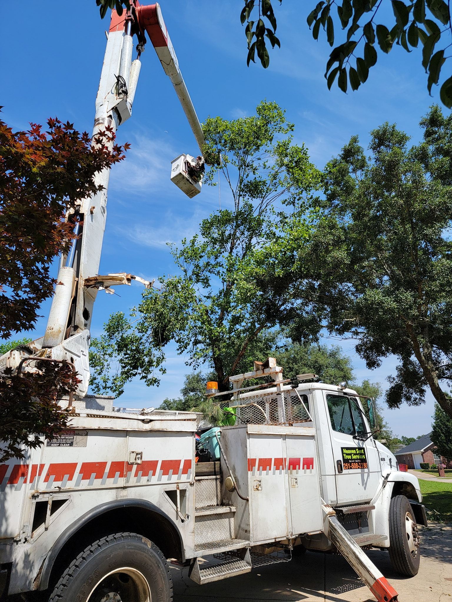 White tree trimming truck with a raised boom cutting a tree against a blue sky.