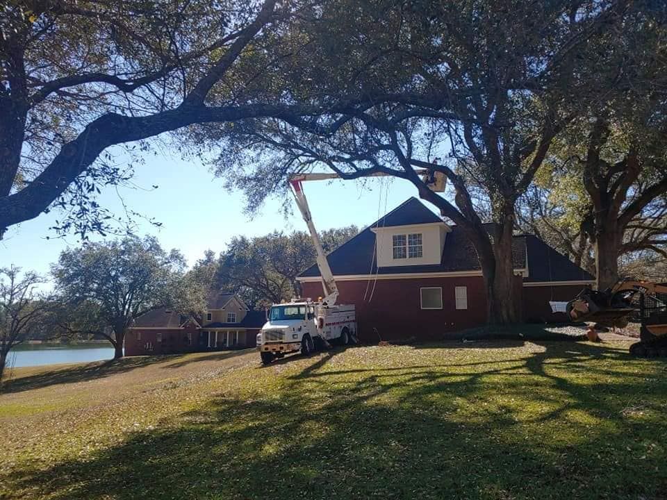 Truck with a lift trimming tree branches near a brick house on a grassy hill; a lake is in the background.