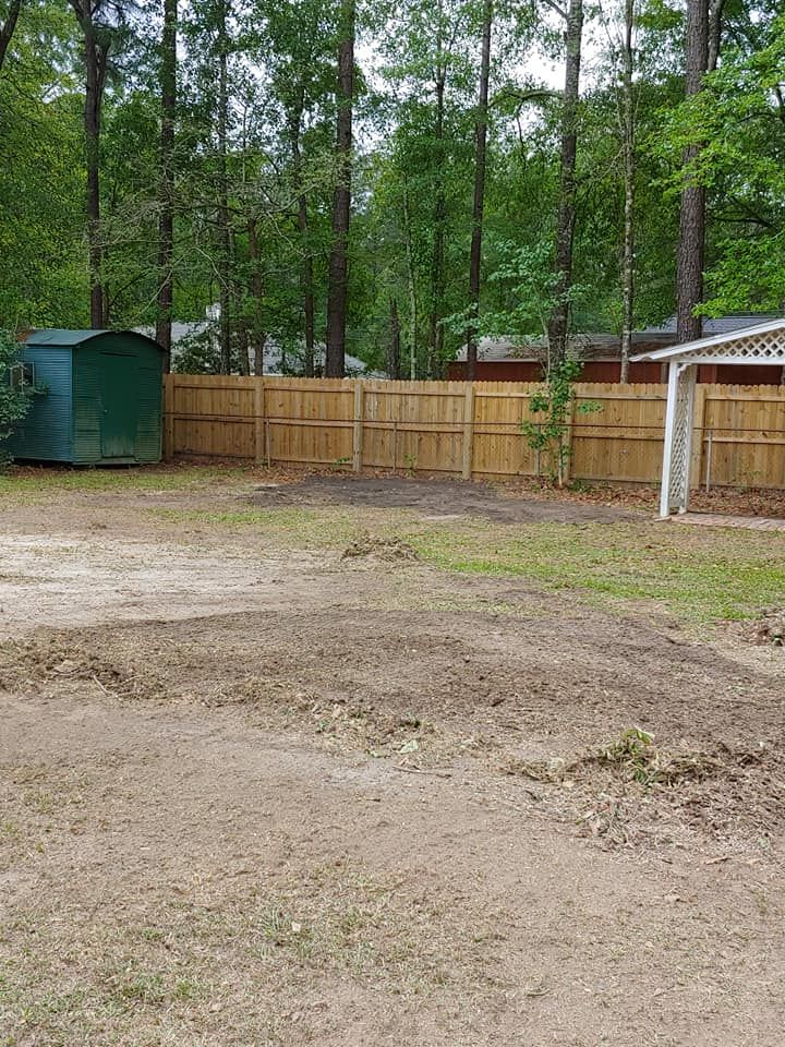 Backyard with dirt patches, wooden fence, shed, and trees.
