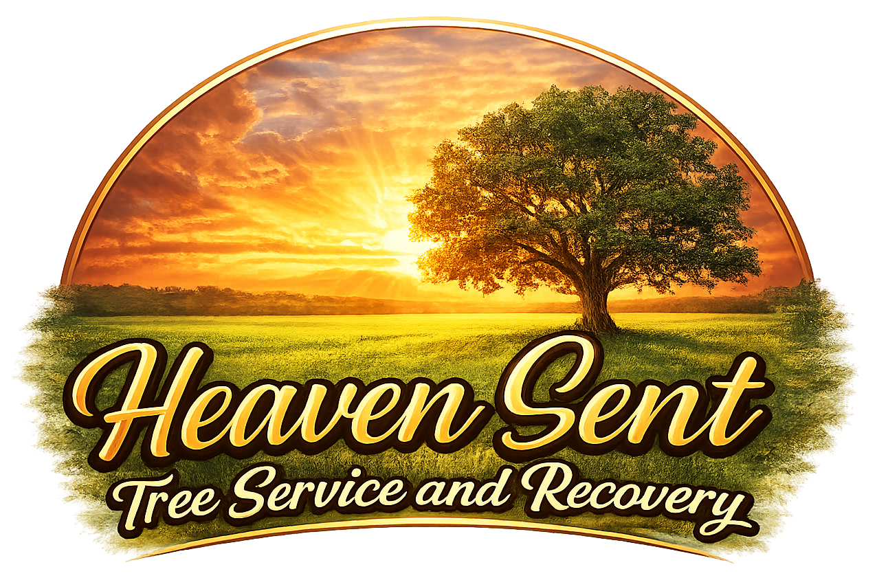 Logo: Tree in field at sunset, company name "Heaven Sent Tree Service and Recovery"