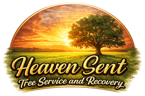 Logo: Tree in field at sunset, company name "Heaven Sent Tree Service and Recovery"