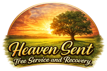 Logo: Tree in field at sunset, company name "Heaven Sent Tree Service and Recovery"