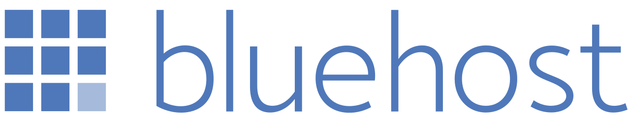 Bluehost logo featuring a blue 3x3 square grid icon next to the word
