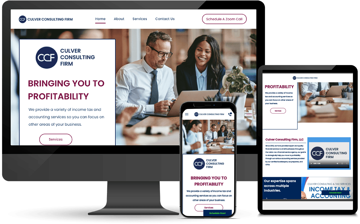 Mockup of a website displayed on a desktop computer, tablet, and smartphone, promoting a consulting firm.