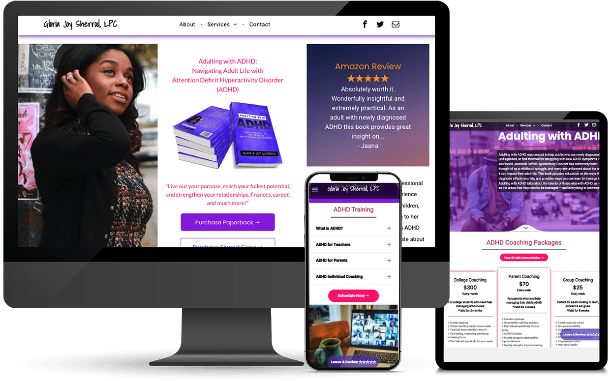A desktop monitor, smartphone, and tablet displaying a website with purple branding, showing images of people and books.
