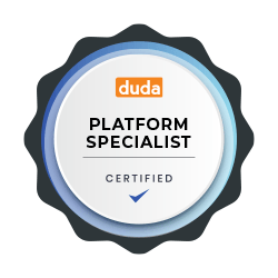 Duda Platform Specialist certification badge featuring a blue checkmark on a circular white and dark gray background.