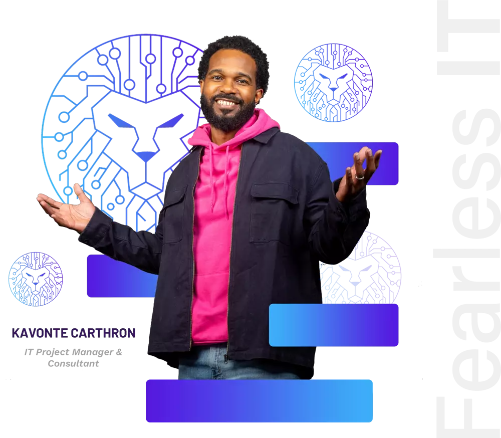 Kavonte Carthron, IT Project Manager and Consultant, gestures toward digital lion graphics against a white background.