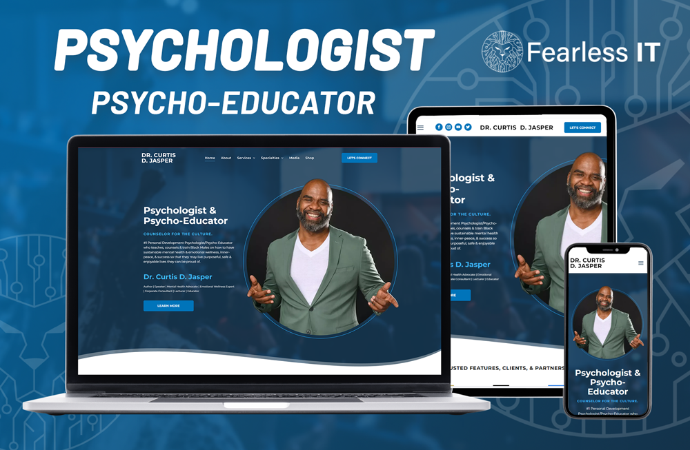 Digital devices showing a website for a professional psychologist and psycho-educator with a teal and dark blue theme.