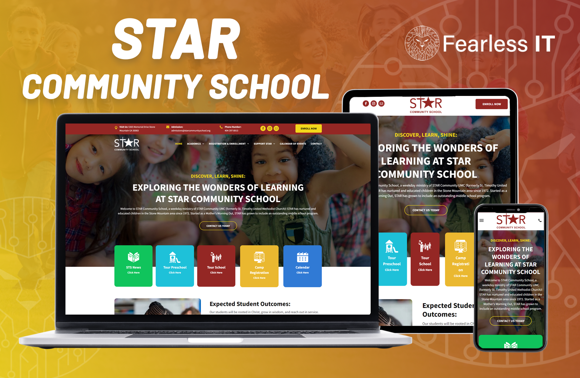 Three devices—a laptop, tablet, and smartphone—display the Star Community School website against an orange background.