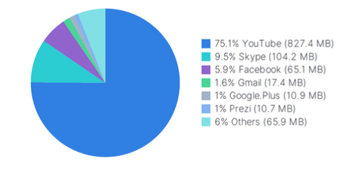 A pie chart showing data usage: 75.1% YouTube, 9.5% Skype, 5.9% Facebook, 1.6% Gmail, 1% Google Plus, 1% Prezi, and 6% others.