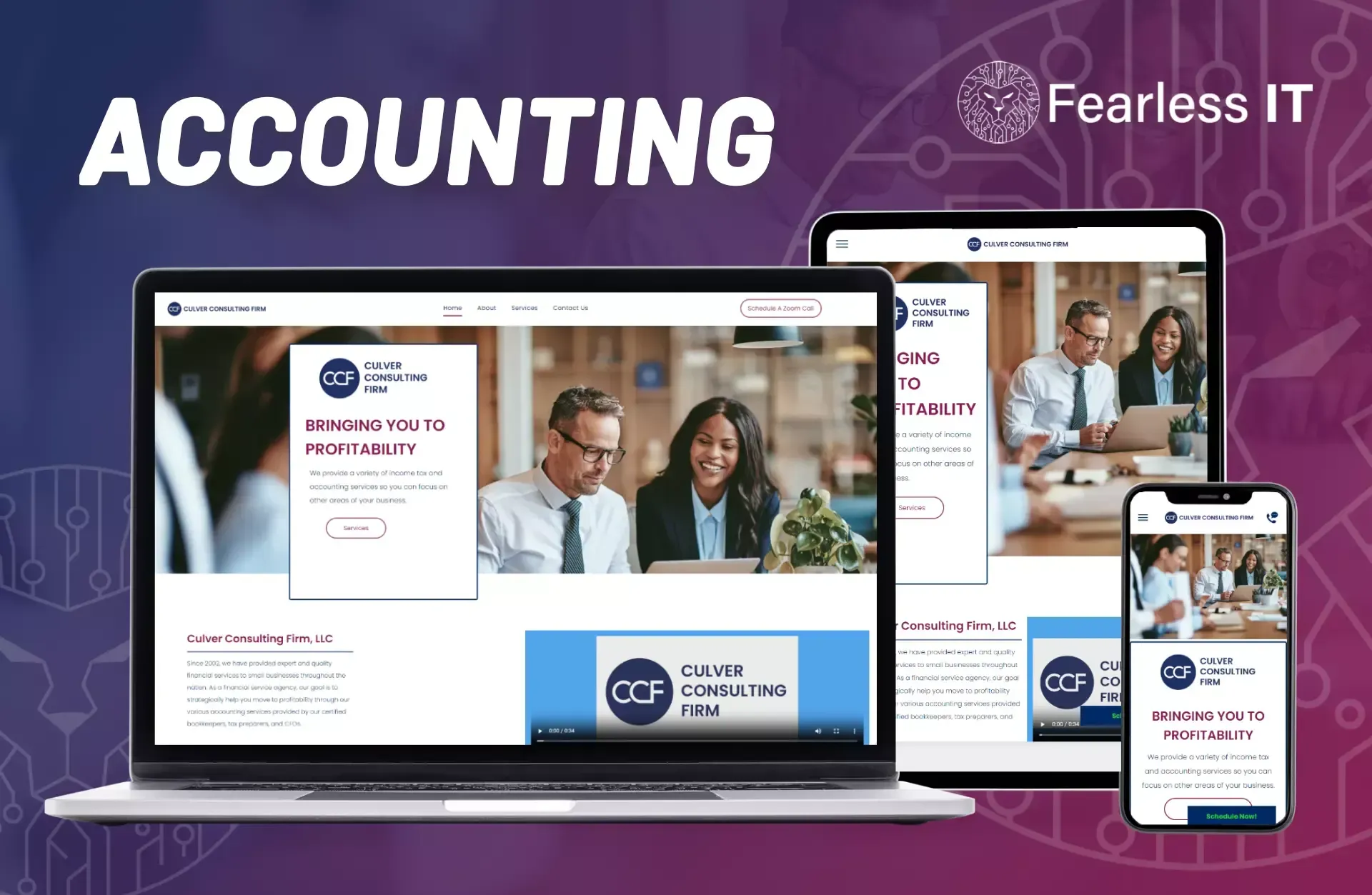 Marketing graphic showing a laptop, tablet, and smartphone displaying a website for Fearless IT accounting services.