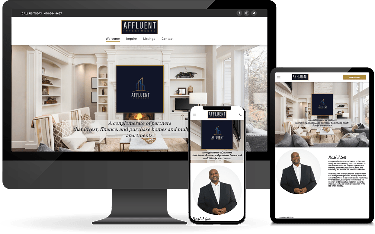 Responsive website design for My Luint shown on a desktop monitor, tablet, and smartphone.
