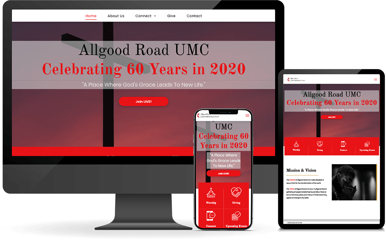 Mockup of the Allgood Road UMC website displayed on a desktop monitor, tablet, and smartphone.