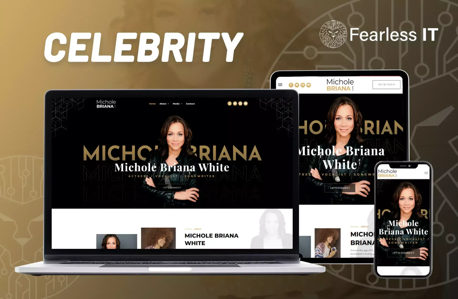 A laptop, tablet, and smartphone displaying a website for Michole Briana White against a gold tech-themed background.