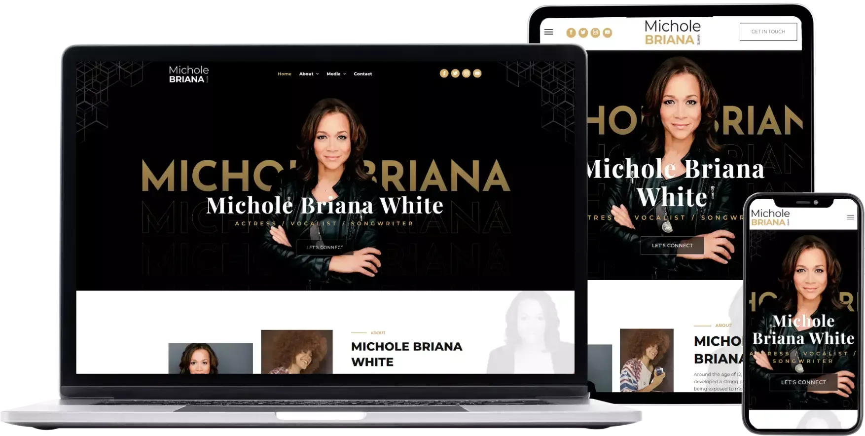 A laptop, tablet, and smartphone displaying the same website for Michole Briana White on their screens.