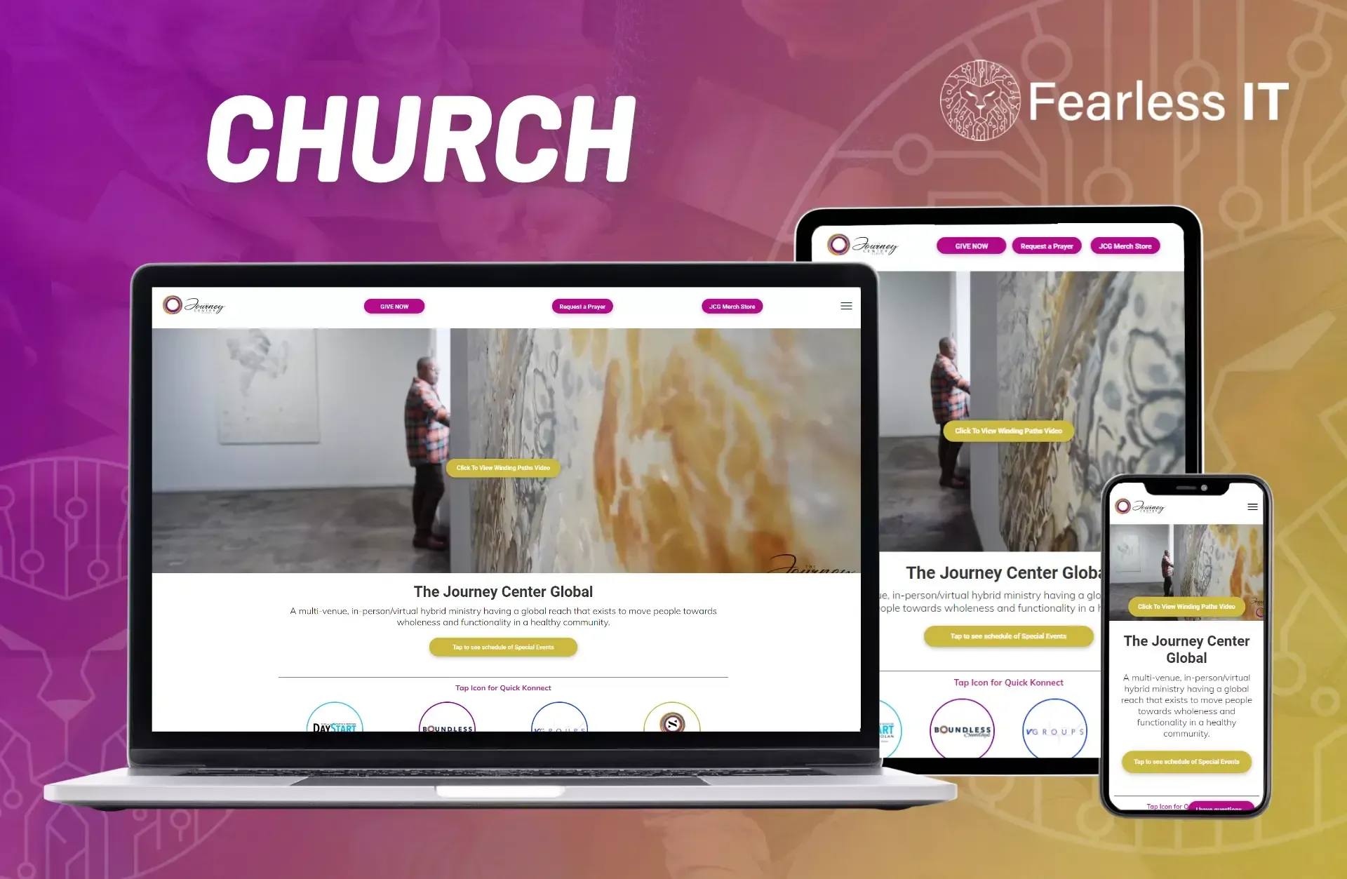 A laptop, tablet, and smartphone displaying a church website design by Fearless IT against a purple and orange background.